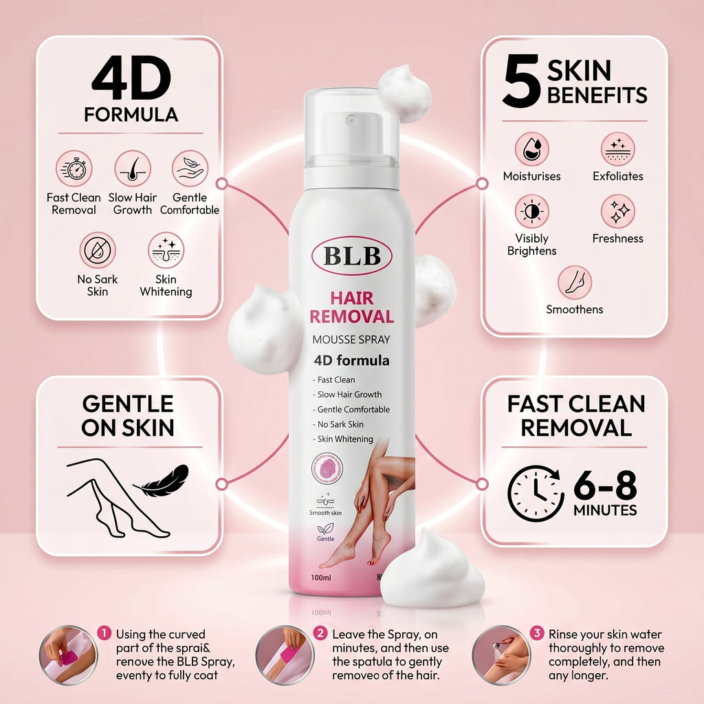 BLB Hair Removal Mousse Spray 4D Formula – Silky Smooth Skin in 3 Steps (100ml)
